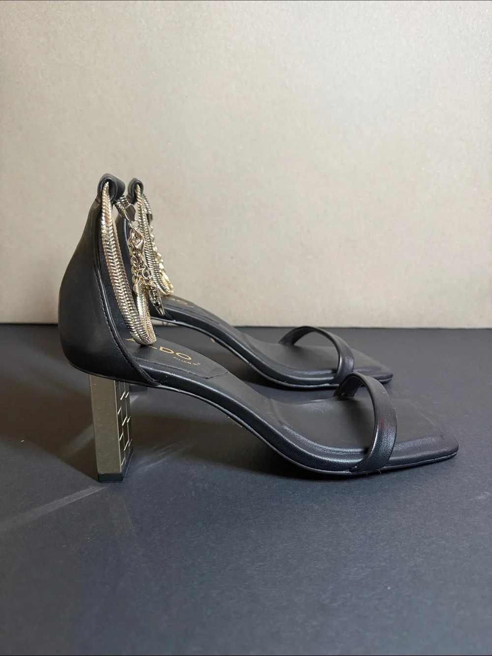Aldo Black Square-Toe Block Heel Sandals with Gold Chain